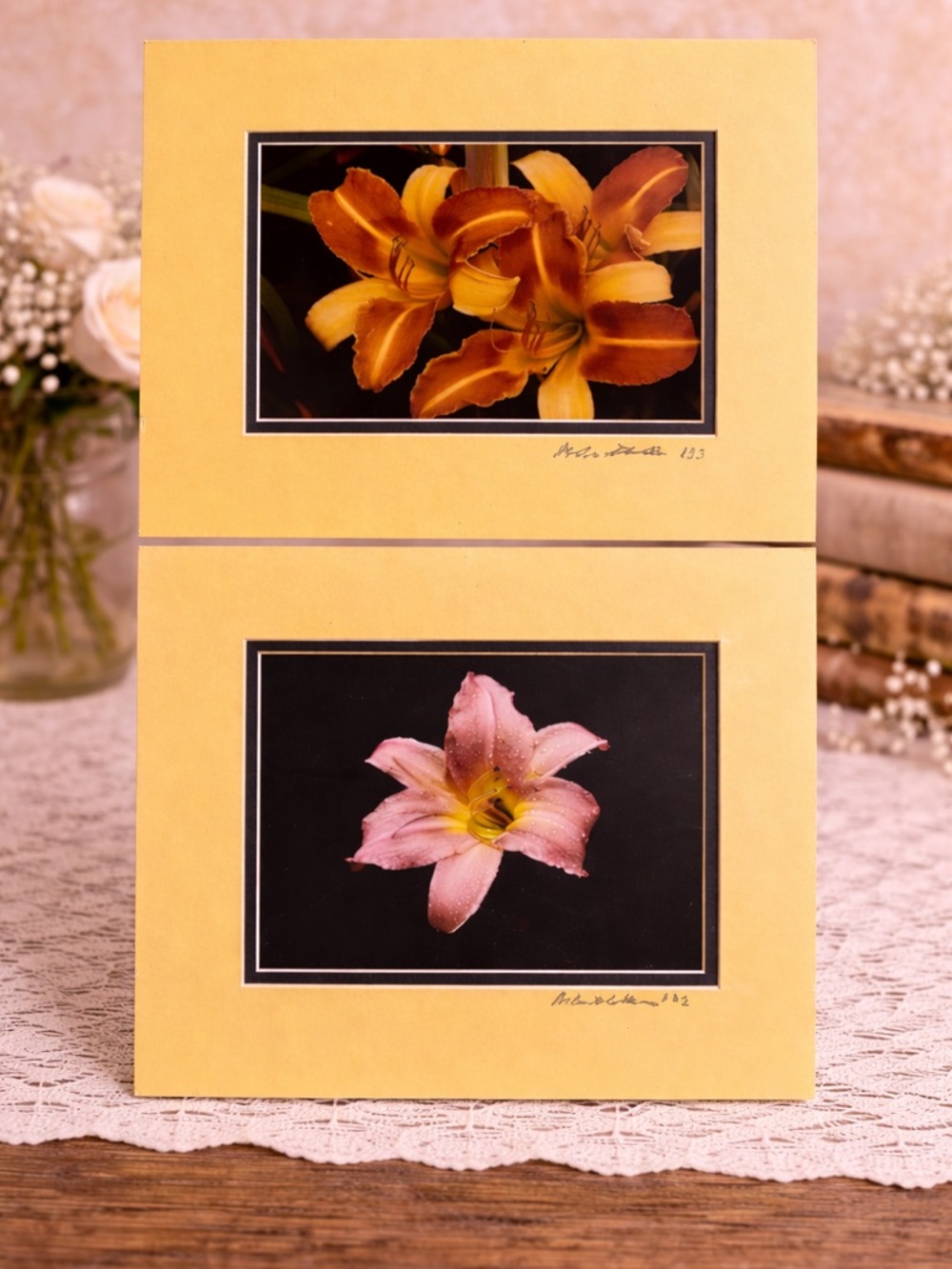Framed Floral Prints - Yellow Mat with Orange and Pink Lilies